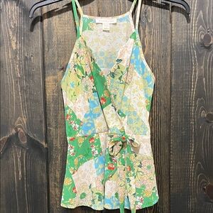 Monteau Boho Patchwork Floral Top M Faux Wrap Scalloped Office Casual Artsy Bow